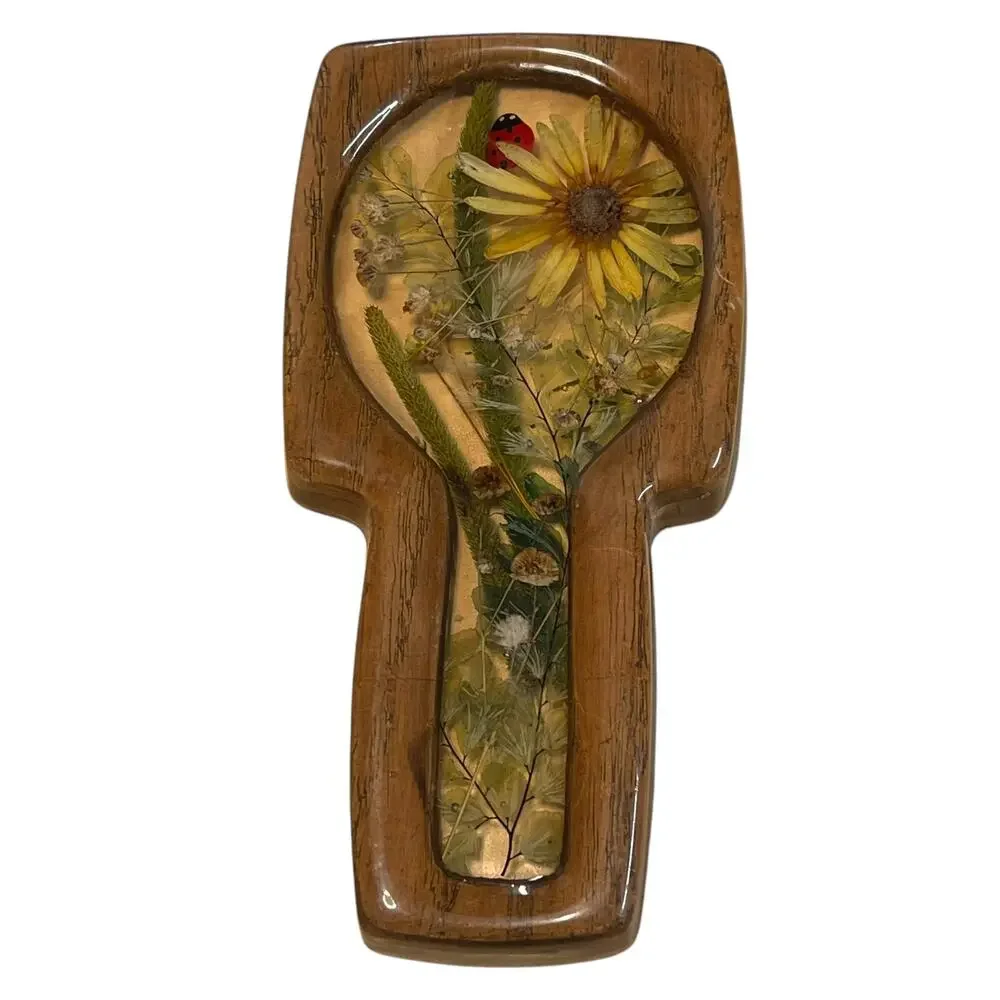 Vintage Lucite Style Pressed Flower Spoon Rest Ladybug Faux Wood Handmade